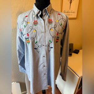 Northern Isles Ladies Light Blue Christmas Embroidered Chambray Cotton Shirt